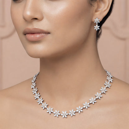 Silver Plated American Diamond Floral Jewellery Set for Women
