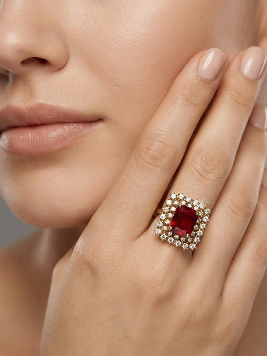 Gold Plated Red AD Adjustable Ring for Women