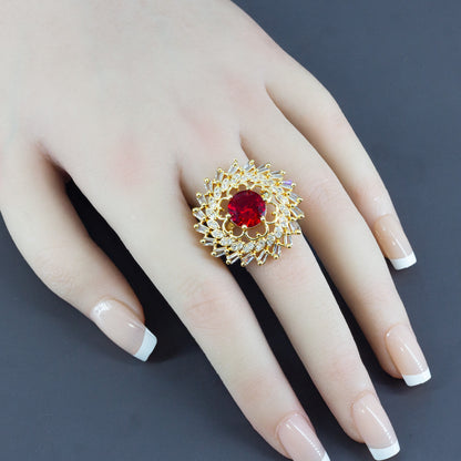 Gold Plated Red AD Adjustable Floral Ring for Women