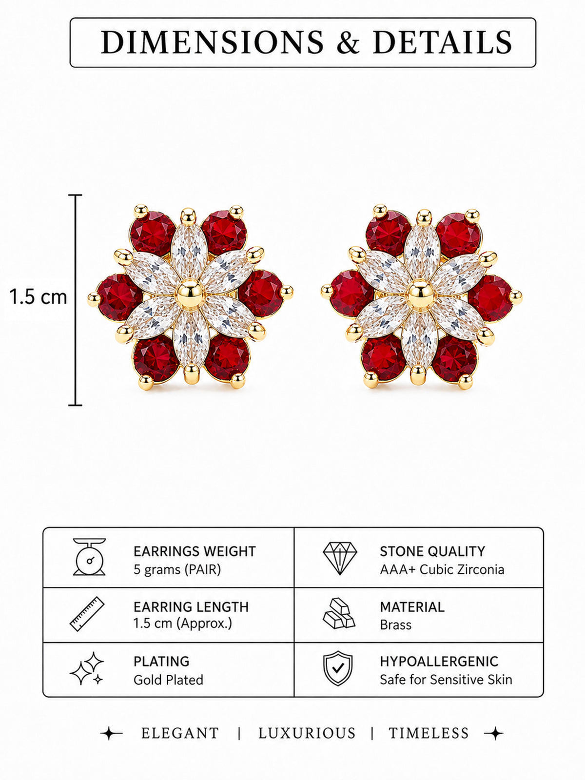 Gold Plated Red AD Floral Stud Earrings for Women