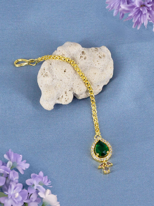Gold Plated Green American Diamond Maang Tikka for Women