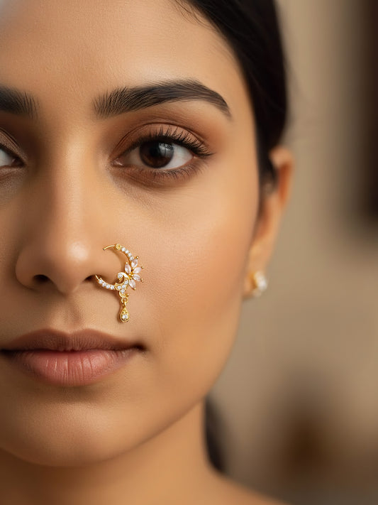 Gold Plated White AD Peacock Nose Ring for Women