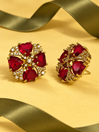 South Indian Gold Plated Red AD Floral Stud Earrings for Women