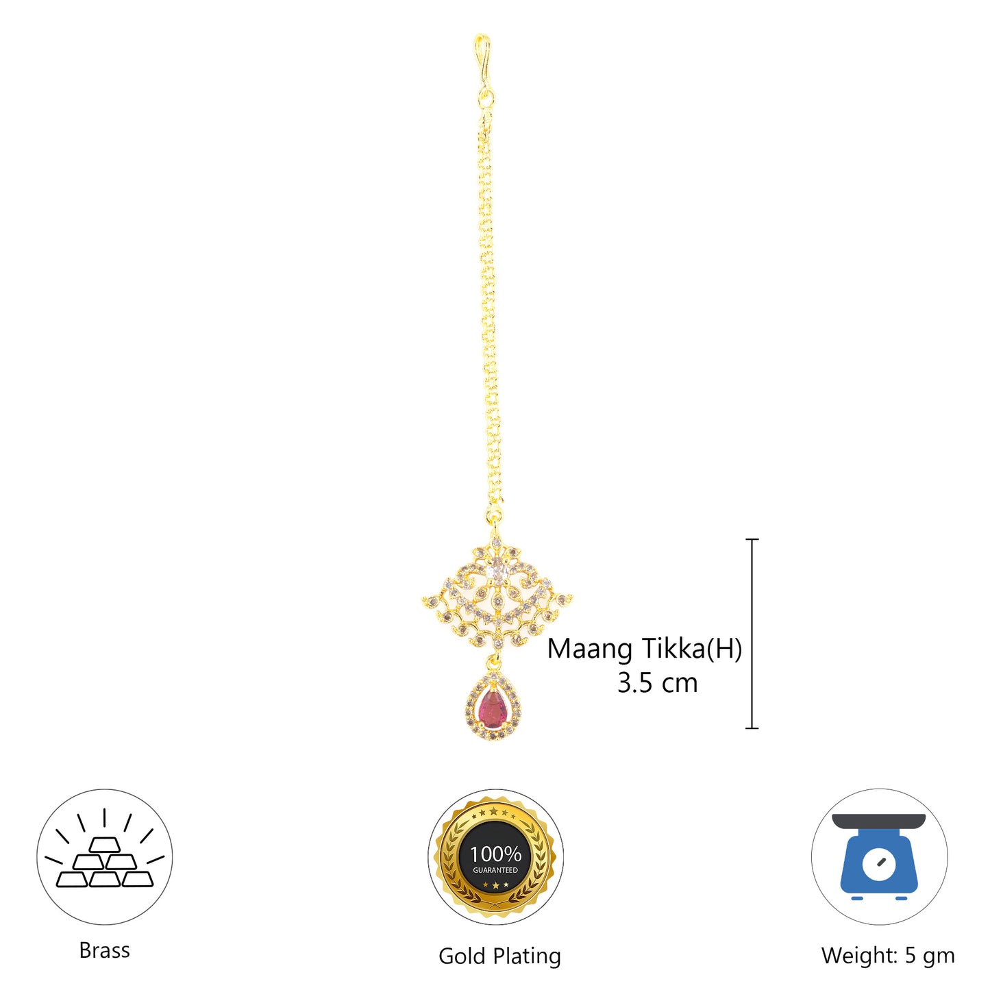 Gold Plated Red AD Maang Tikka for Women