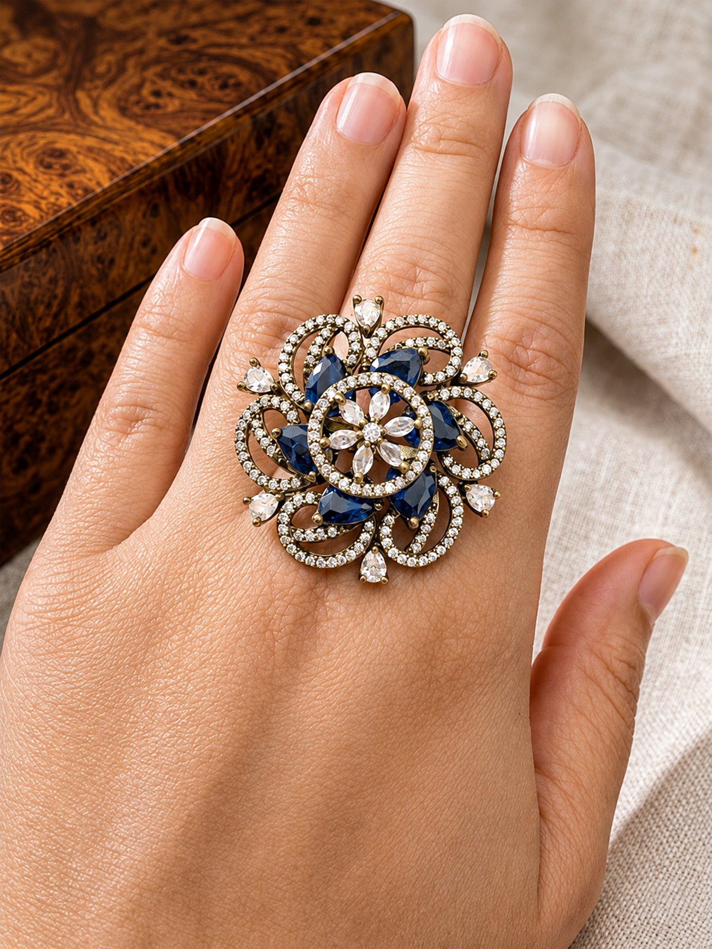 Antique Gold Plated Blue AD Finger Ring for Women