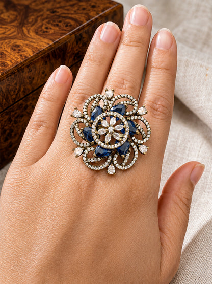 Antique Gold Plated Blue AD Finger Ring for Women