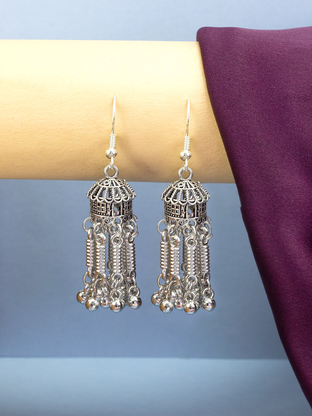 Silver Oxidized Hut Shaped Drop Earrings