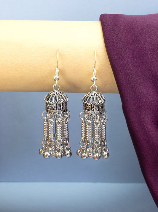 Silver Oxidized Hut Shaped Drop Earrings