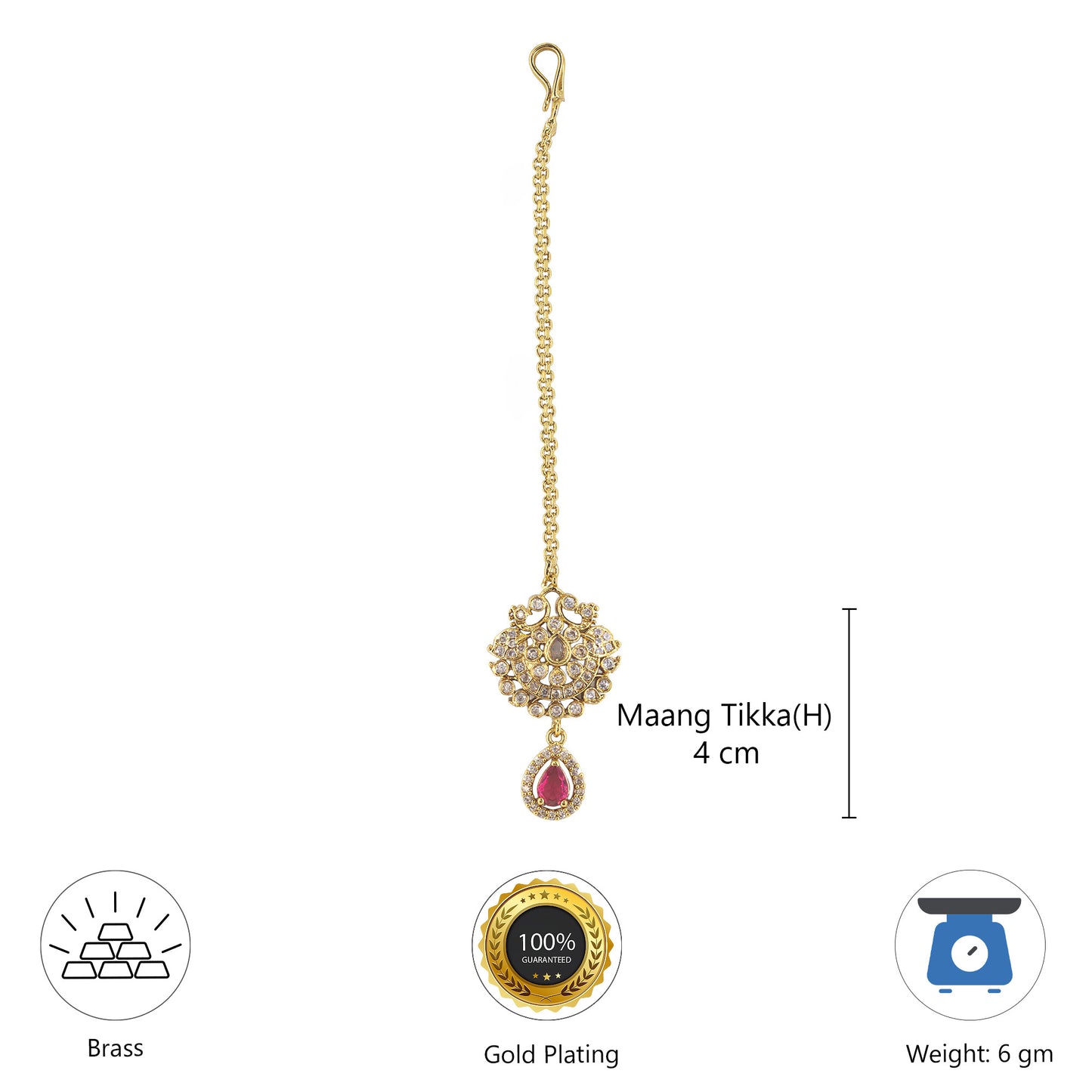 Gold Plated Red AD Maang Tikka for Women