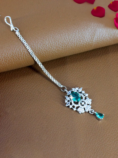 Silver Plated AD Mint Green Floral Drop Maang Tikka