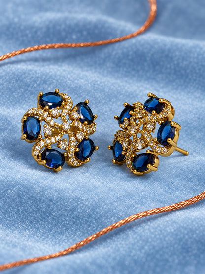 South Indian Gold Plated Blue AD Floral Stud Earrings for Women
