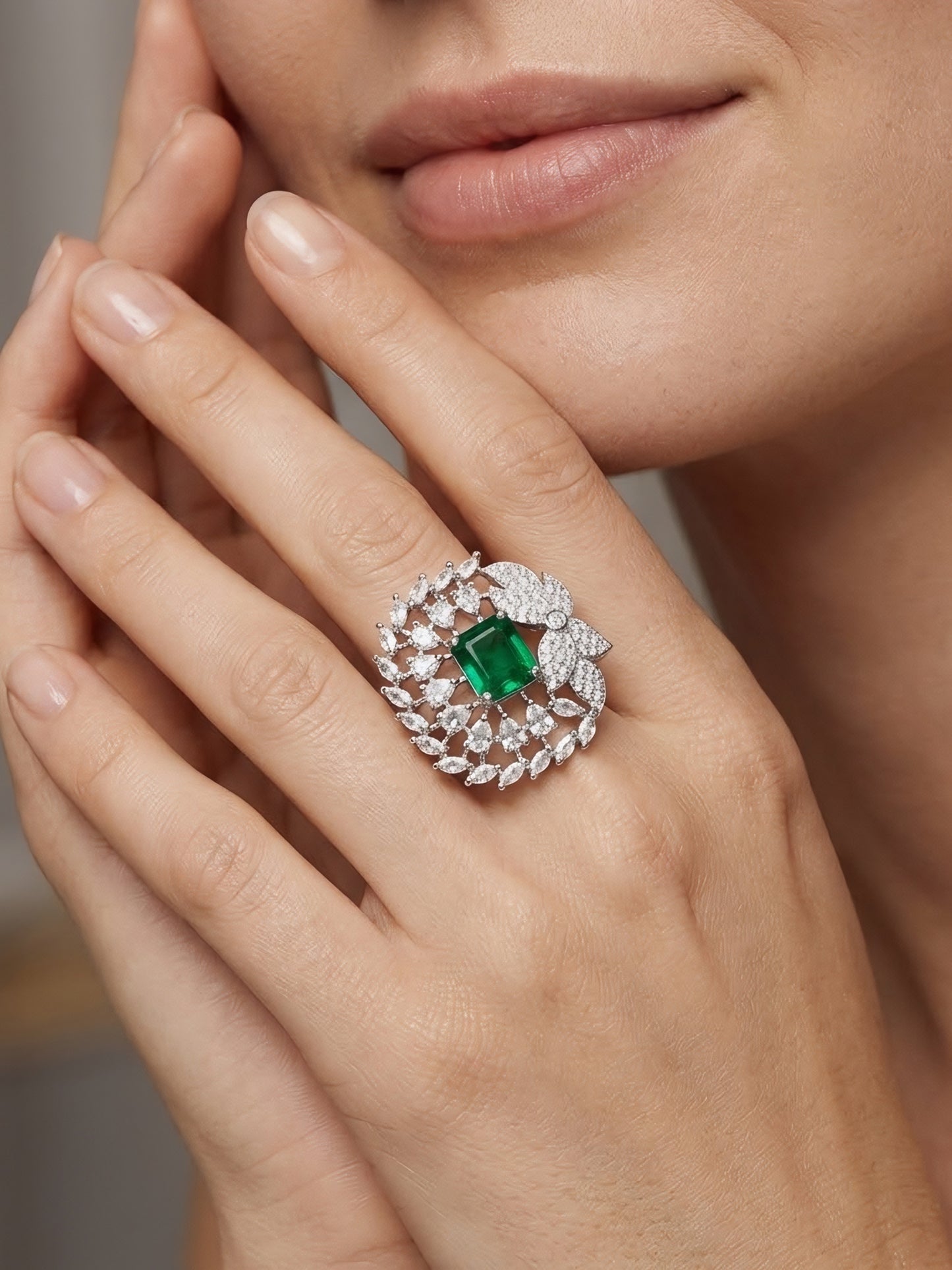 Silver Plated Green AD Finger Ring for Women