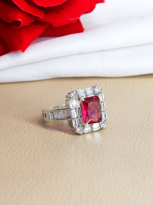 Silver Plated Red AD Adjustable Ring For Women