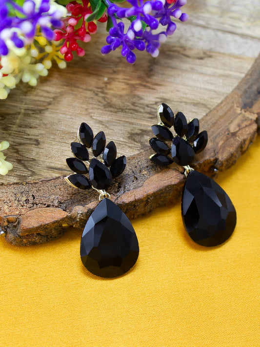 Gold Plated Black Crystal Stones Studded Drop Earrings