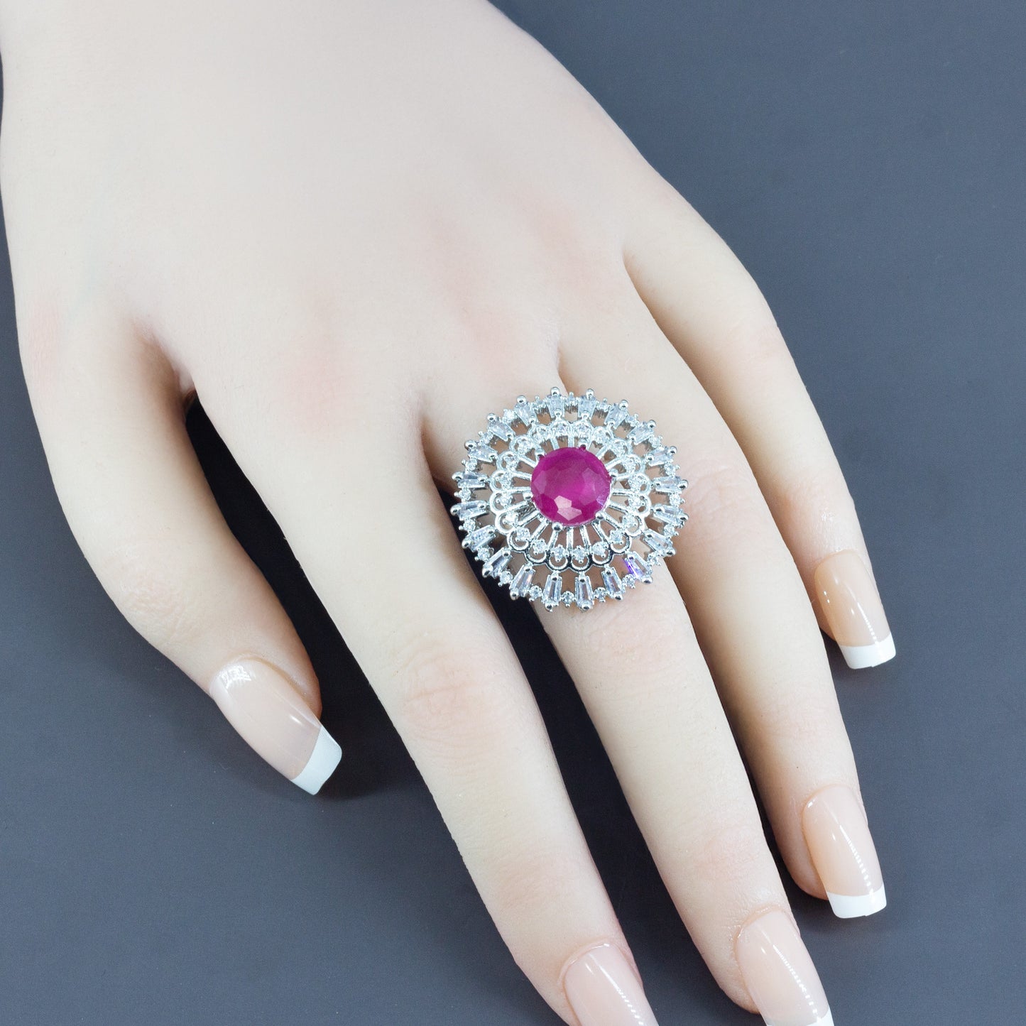 Rhodium Plated Pink AD Designer Adjustable Ring for Women