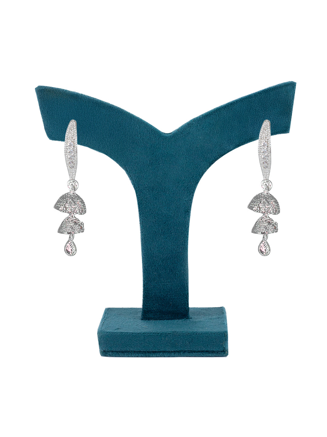 Silver Plated American Diamond Small Double Drop Jhumki Earrings
