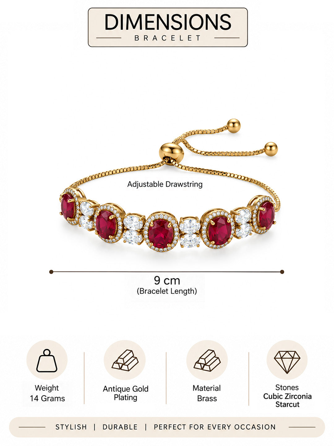 Antique Gold Plated Red AD Adjustable Bracelet for Women