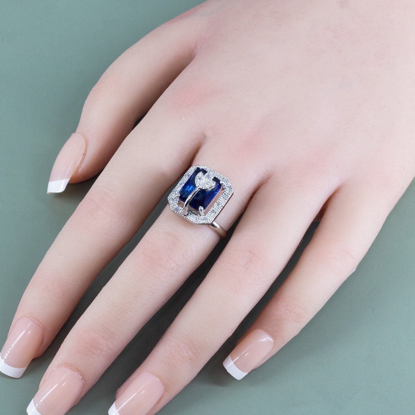 Rhodium Plated Blue AD Leaf Adjustable Ring for Women