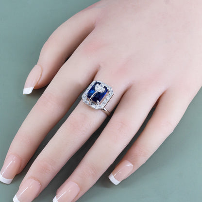 Rhodium Plated Blue AD Leaf Adjustable Ring for Women