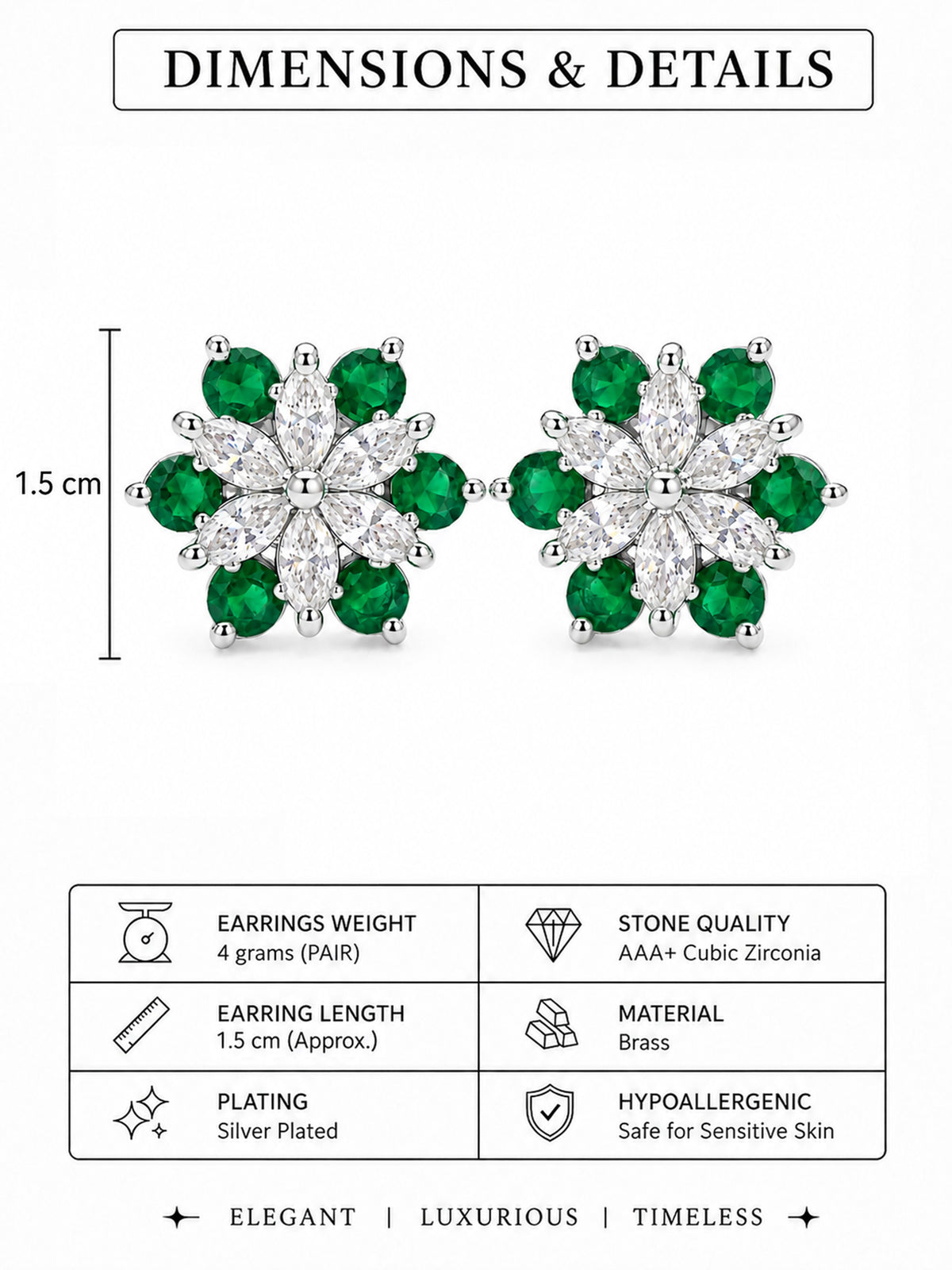 Rhodium Plated Green AD Floral Stud Earrings for Women