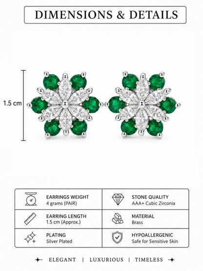 Rhodium Plated Green AD Floral Stud Earrings for Women