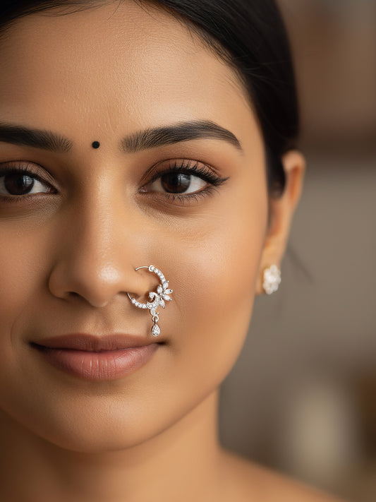 Silver Plated White AD Drop Nose Ring for Women