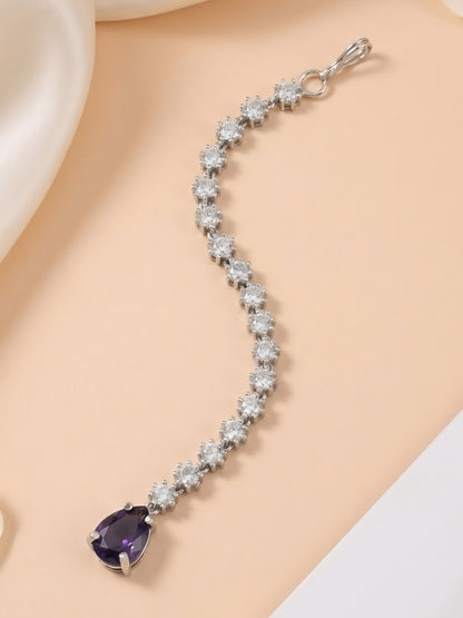 Silver Plated Purple AD Teardrop Maang Tikka for Women