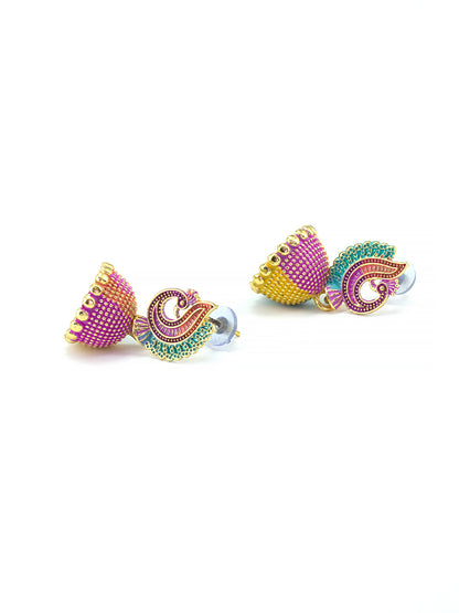 Gold Plated Peacock Multi Color Artificial Beaded Jhumki Earrings