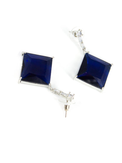 American Diamond Studded Royal Blue Square Drop Design Jewellery Set For Women And Girls