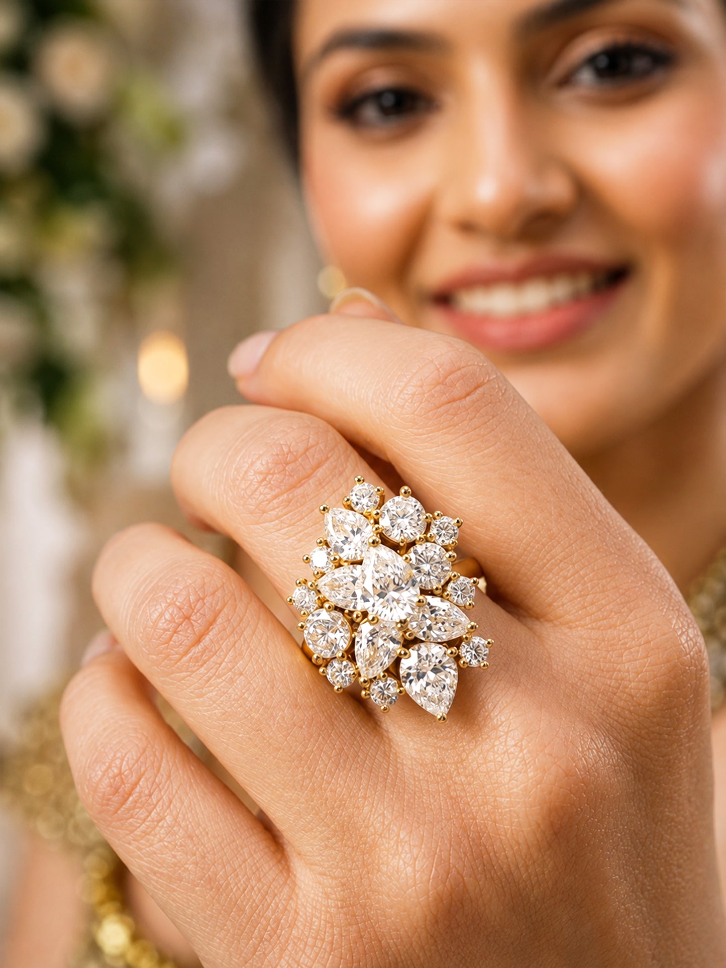 Gold Cluster AD Statement Ring – Pear-Cut Sparkle Design for Women