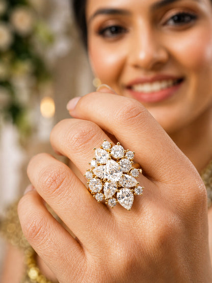 Gold Cluster AD Statement Ring – Pear-Cut Sparkle Design for Women