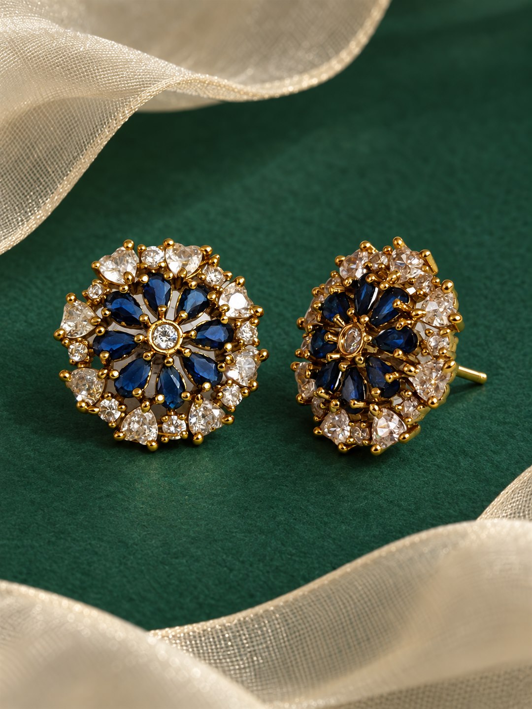 South Indian Gold Plated Blue AD Floral Stud Earrings for Women