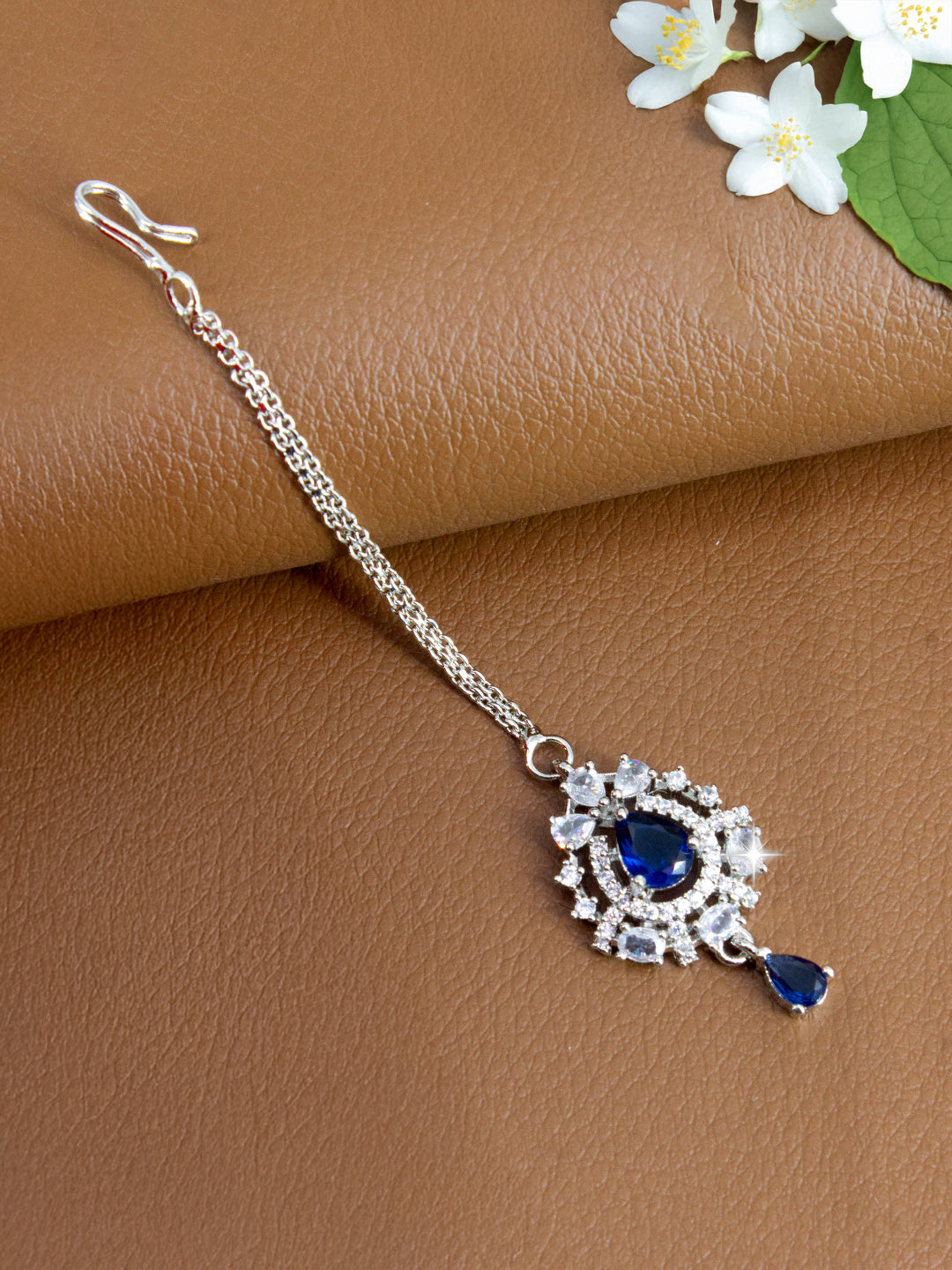 Silver Plated Blue AD Tear Drop Maang Tikka