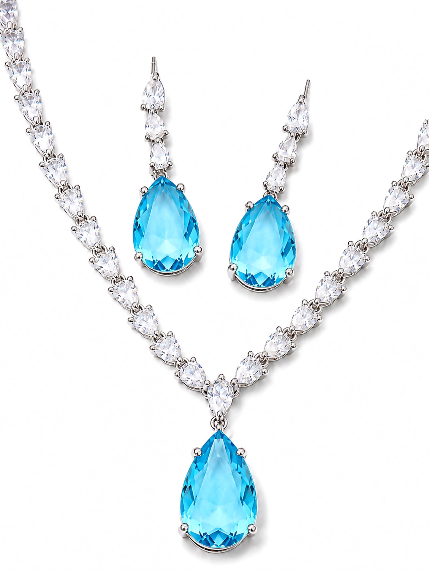 Silver Plated Sea Blue Teardrop AD Jewellery Set for Women