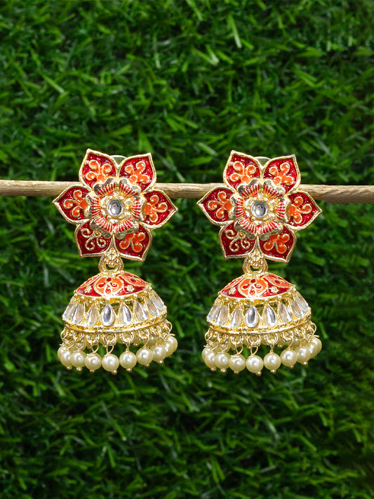 Red Floral Beads Drop Jhumka Earrings