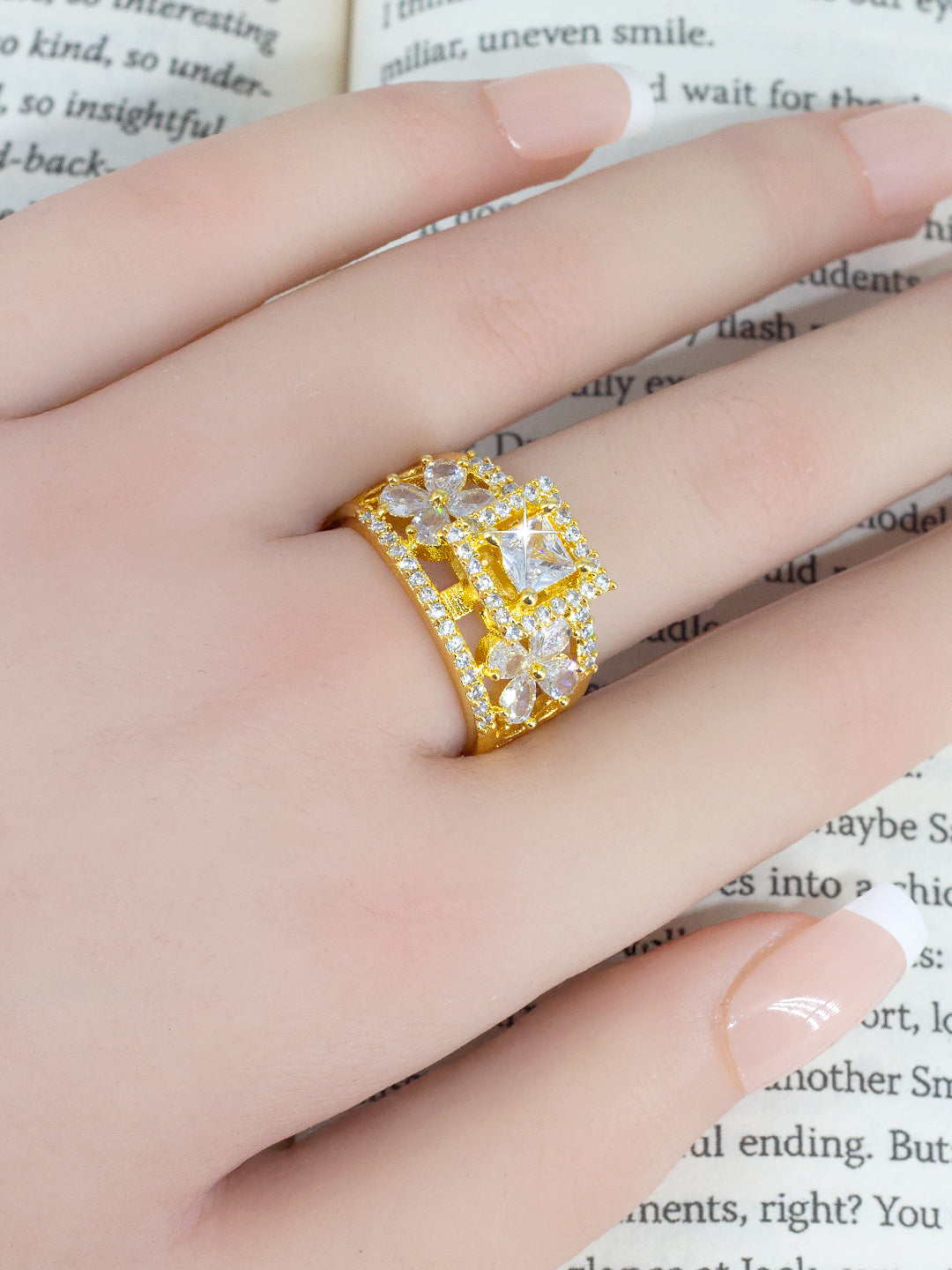Floral Solitaire AD-Studded Adjustable Ring