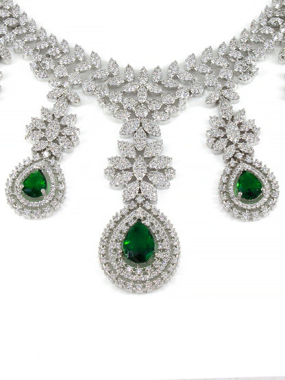 Rhodium-Plated Green Statement AD-Studded Bridal Jewellery Set