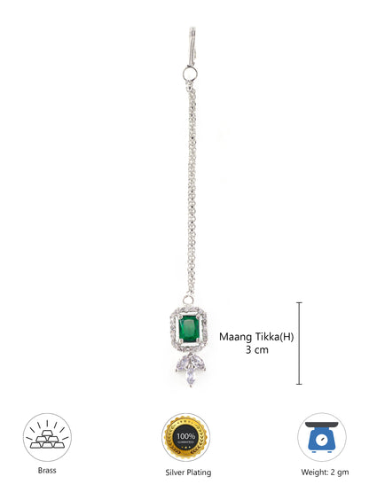 Silver Plated Green AD Maang Tikka for Women