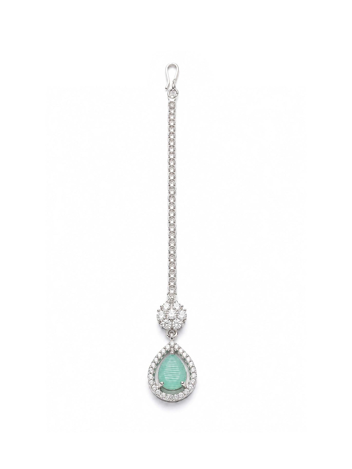 Silver Plated Green AD Maang Tikka for Women