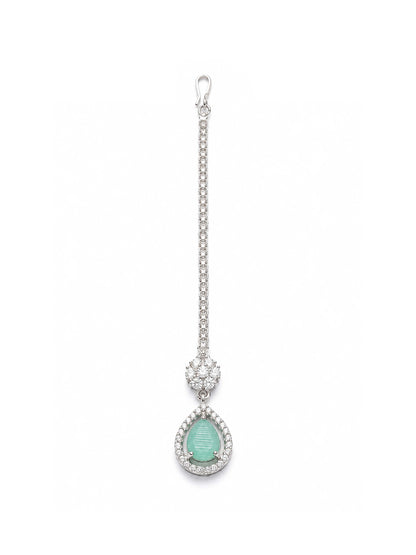Silver Plated Green AD Maang Tikka for Women