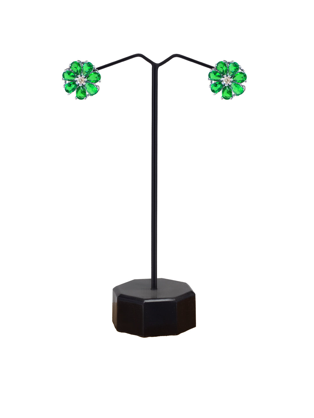 Silver Plated Green Floral AD Stud Earrings For Women