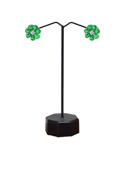 Silver Plated Green Floral AD Stud Earrings For Women
