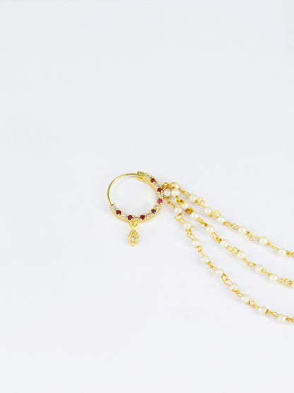 Gold Plated Red AD Nose Ring with 3 line Pearl Chain