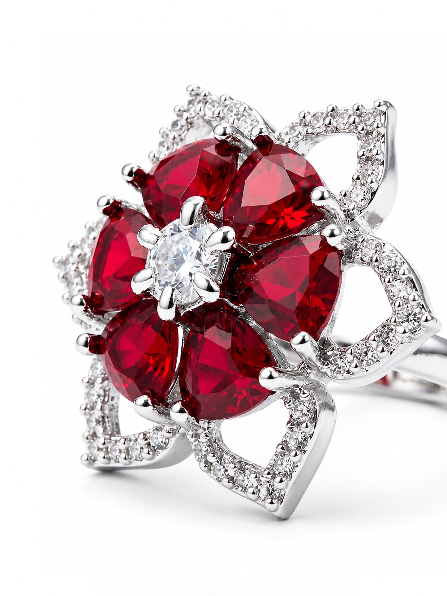 Rhodium Plated Red AD Floral Finger Ring for Women