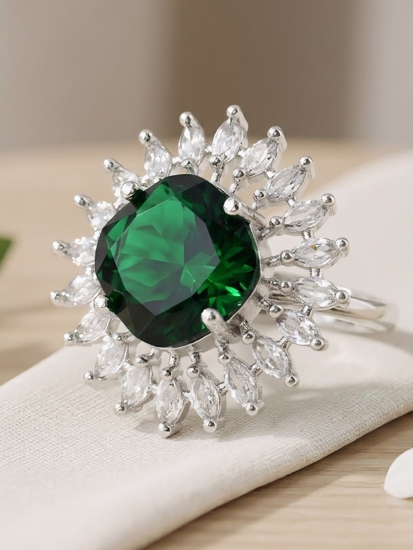 Rhodium Plated Green AD Finger Ring for Women