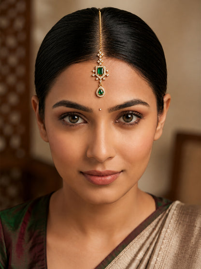Gold Plated Green AD Maang Tikka for Women