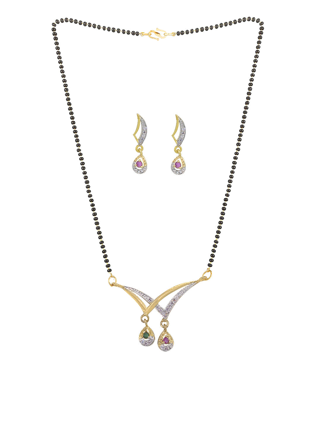 Gold Plated American Diamond & Black Beaded Trendy Mangalsutra With Earrings