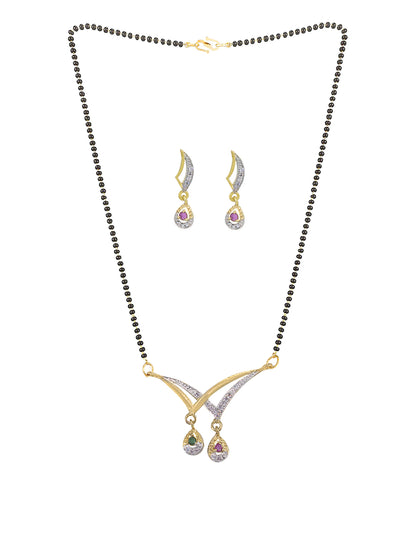Gold Plated American Diamond & Black Beaded Trendy Mangalsutra With Earrings