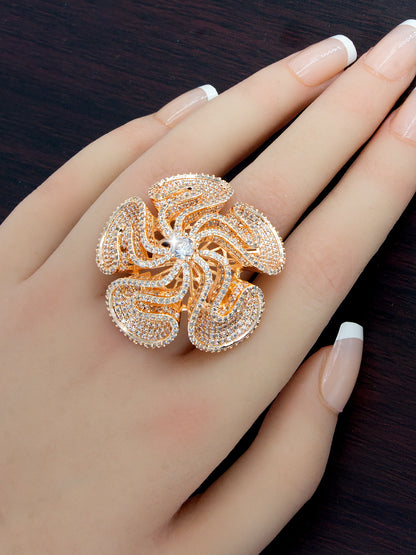 Rose Gold Plated AD Floral Cocktail Adjustable Ring