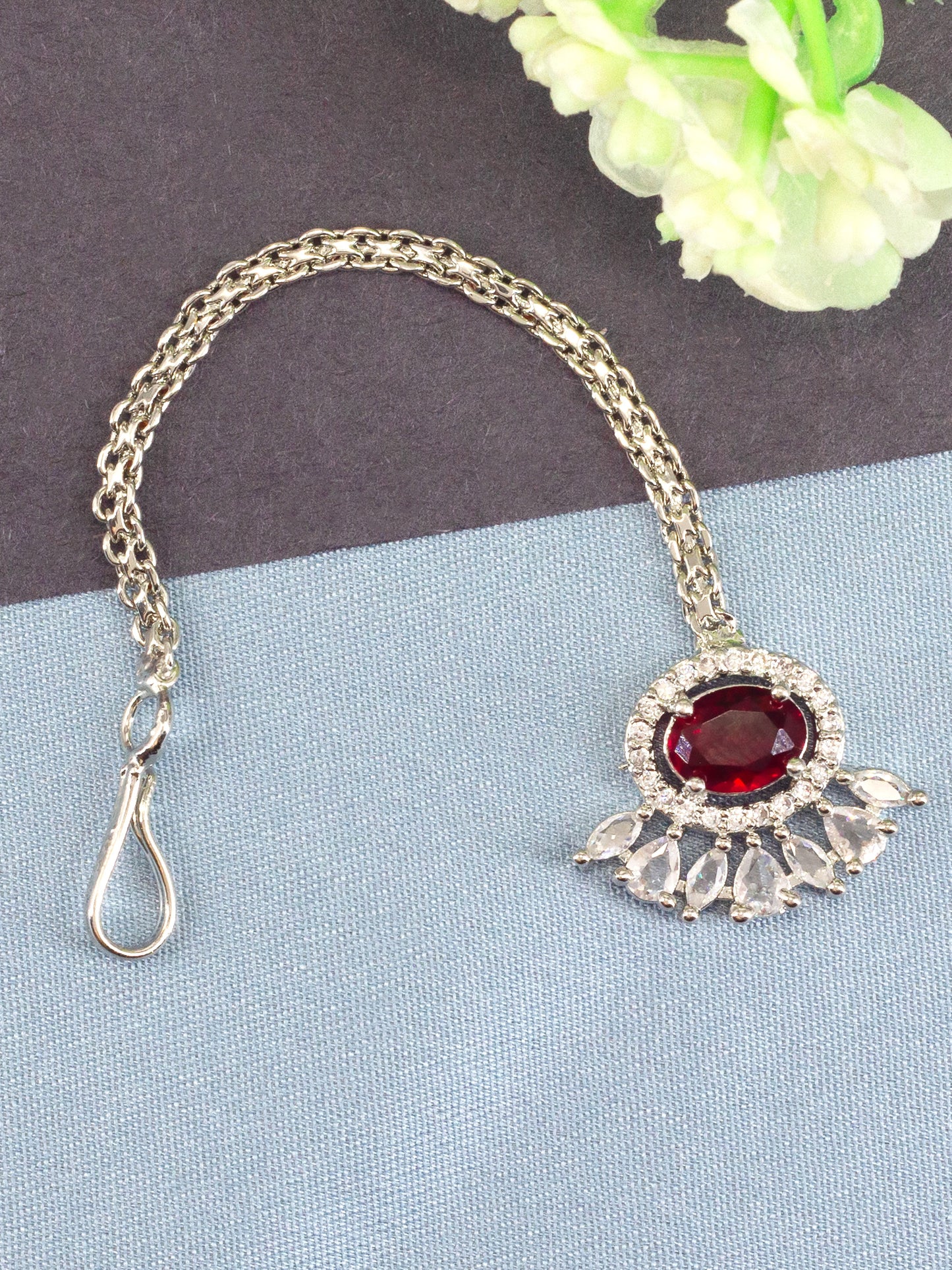Silver Plated Red AD Maang Tikka for Women
